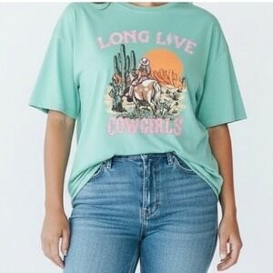 Long Live Cowgirls Graphic T-Shirt Womens 2XL Mint Green Excellent Boho